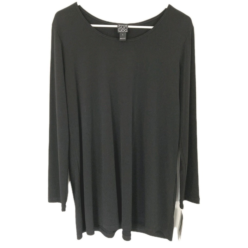 Clara Sunwoo Blouse Women Large Blk Scoop Neck Long Sleeve Tunic Top Stretch NWT